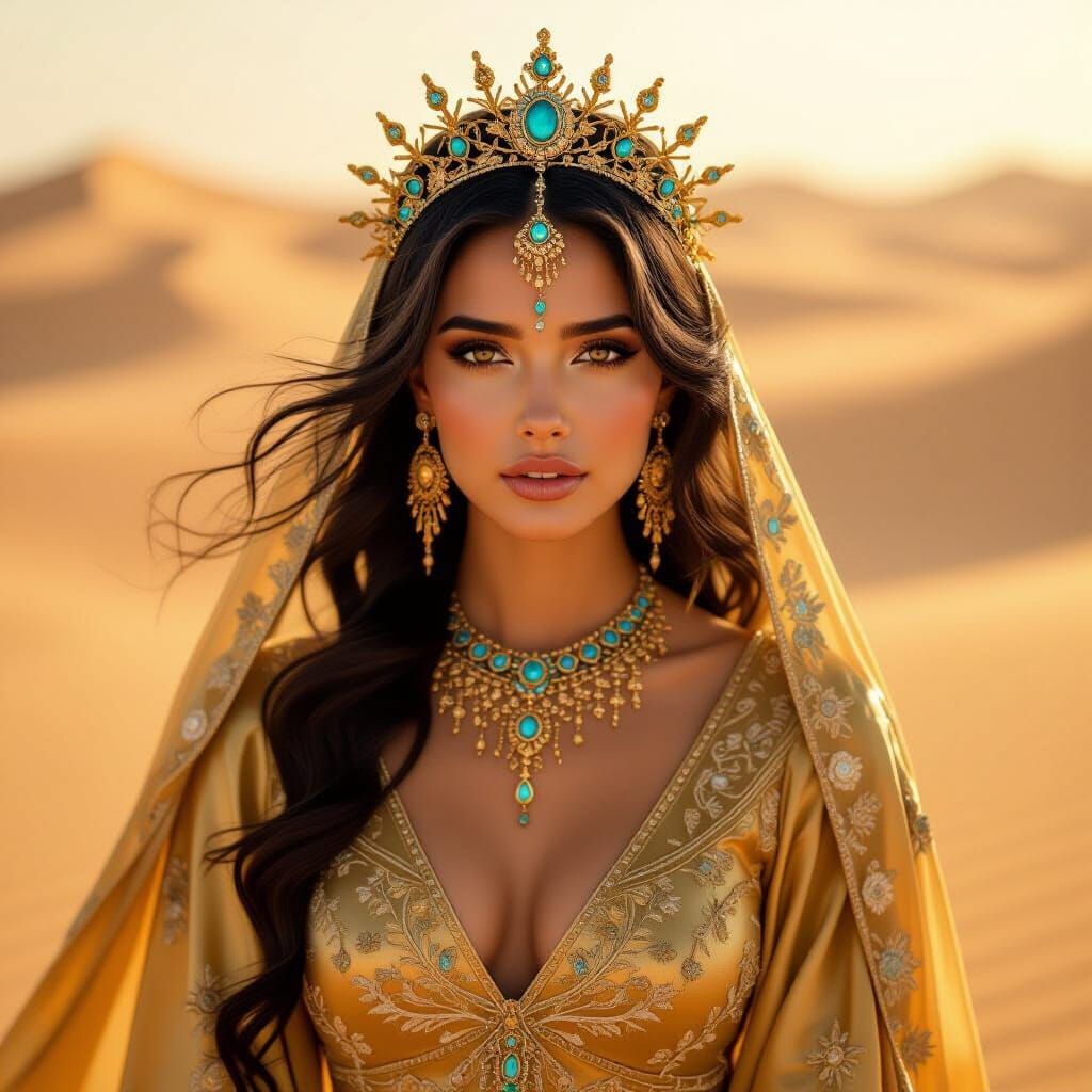 Desert Princess in Golden Silk Gown, Digital Art