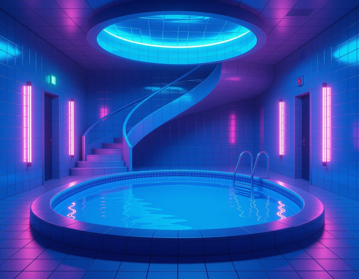 Liminal Pool Room with Spiral Staircase, Digital Render