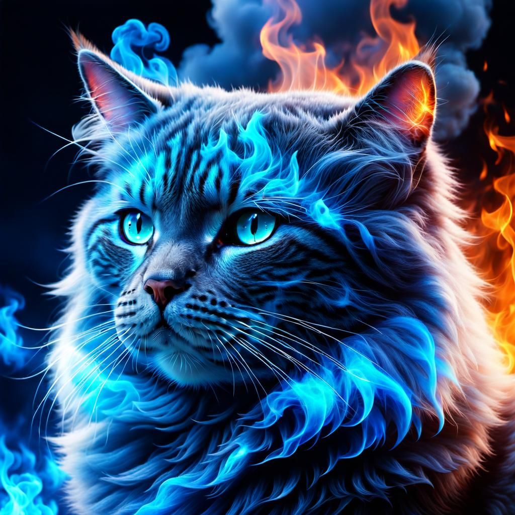 Ethereal Cloud Cat Enveloped in Blue Fire