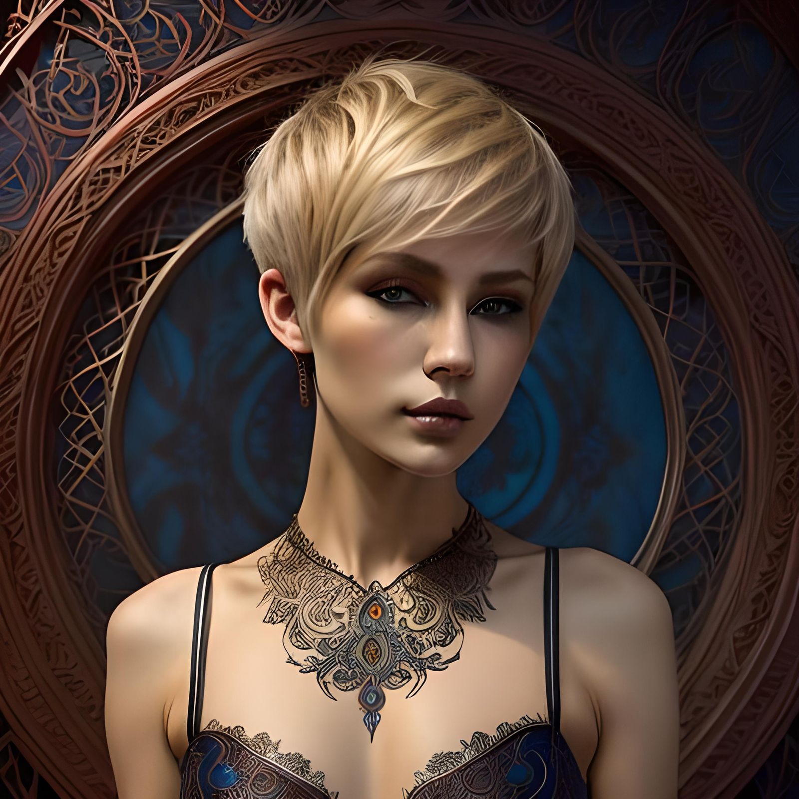 Vermillion Portrait of Blonde Woman in Royal Hall