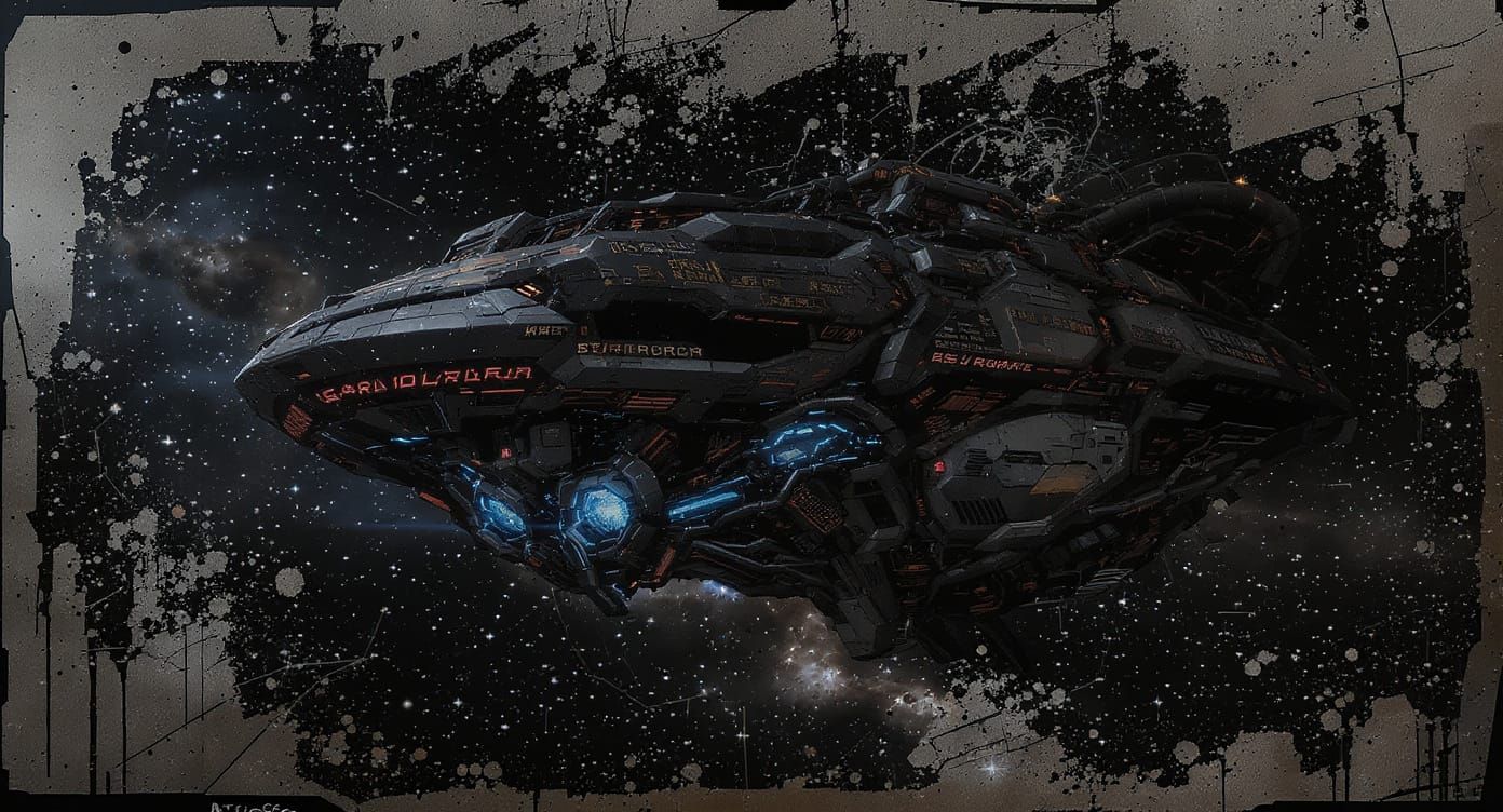 Cosmic Cyborg Spacecraft in Distressed Grunge Style