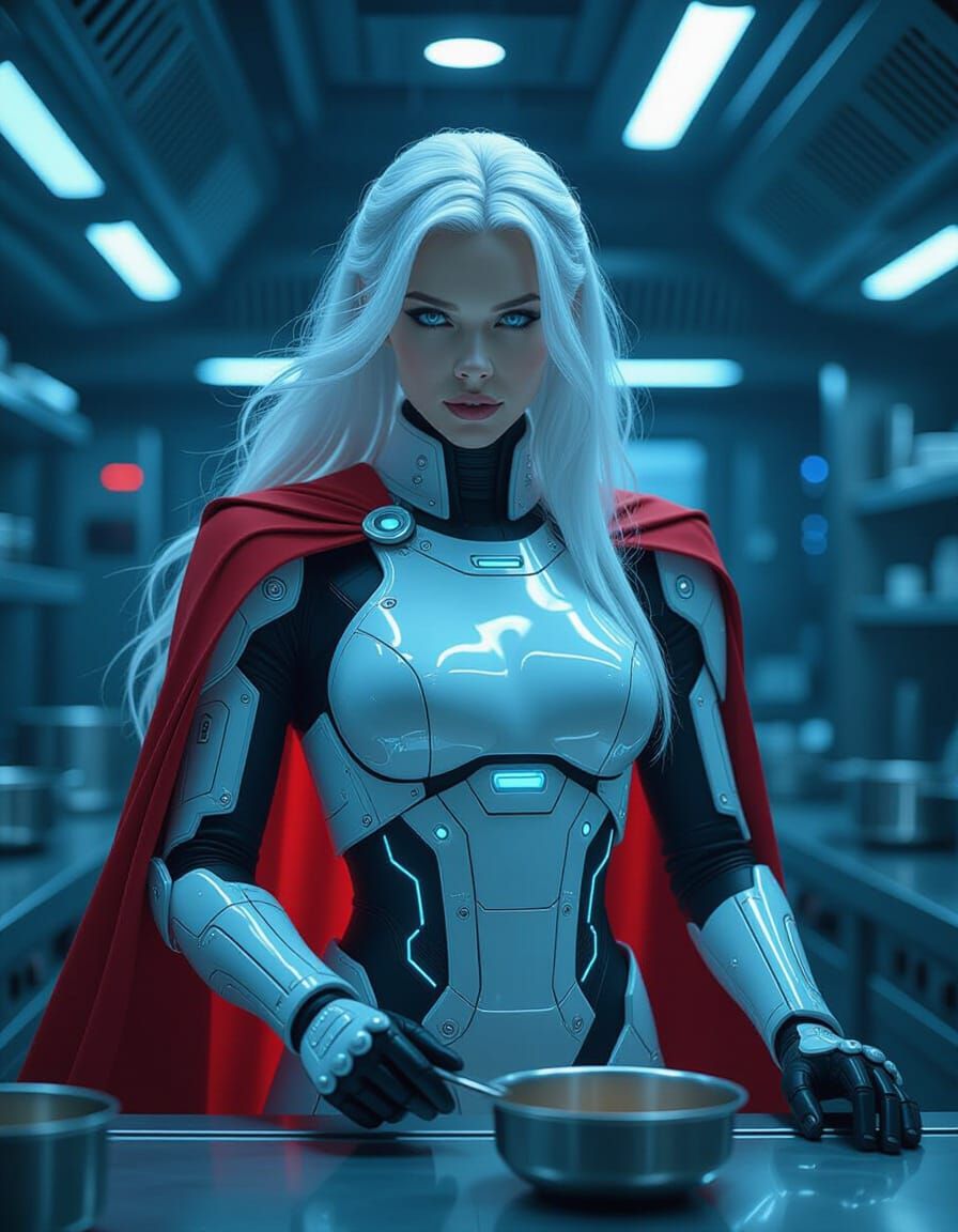 Cybernetic Chef in Futuristic Kitchen, Neon Noir Style