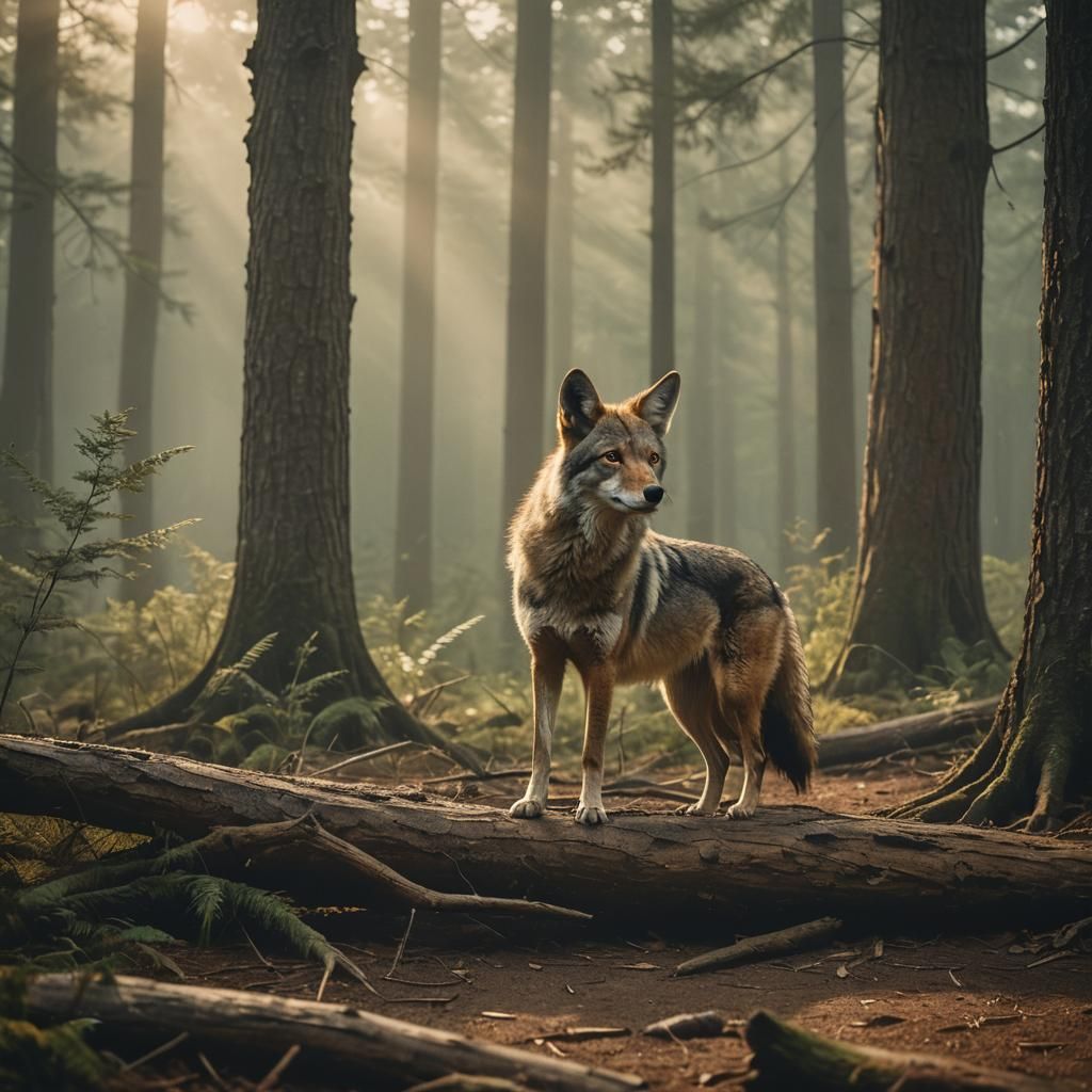 Coyote in Misty Forest at Golden Hour