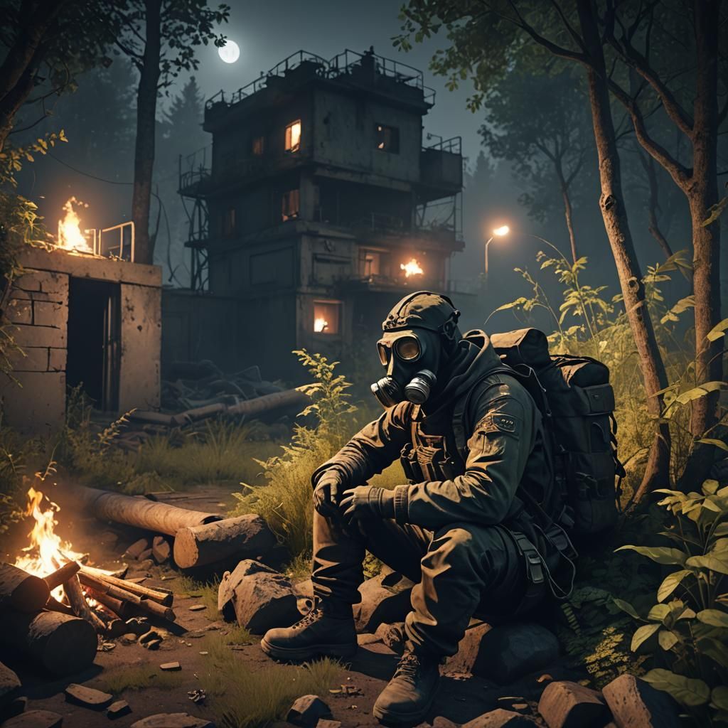 Loner in Gas Mask by Campfire: 3D Game Art