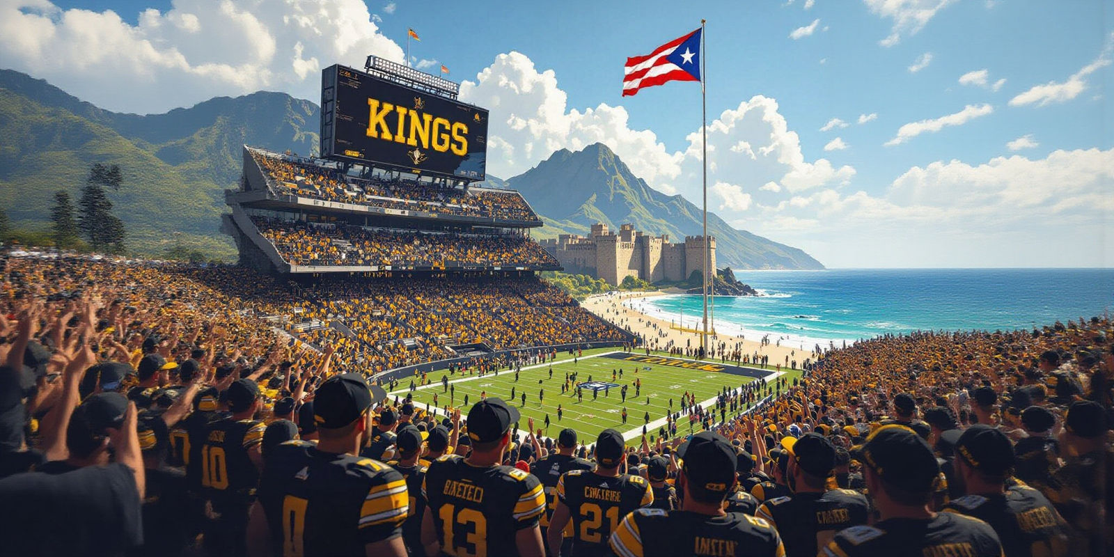 College Football Stadium on Beach with Fortress