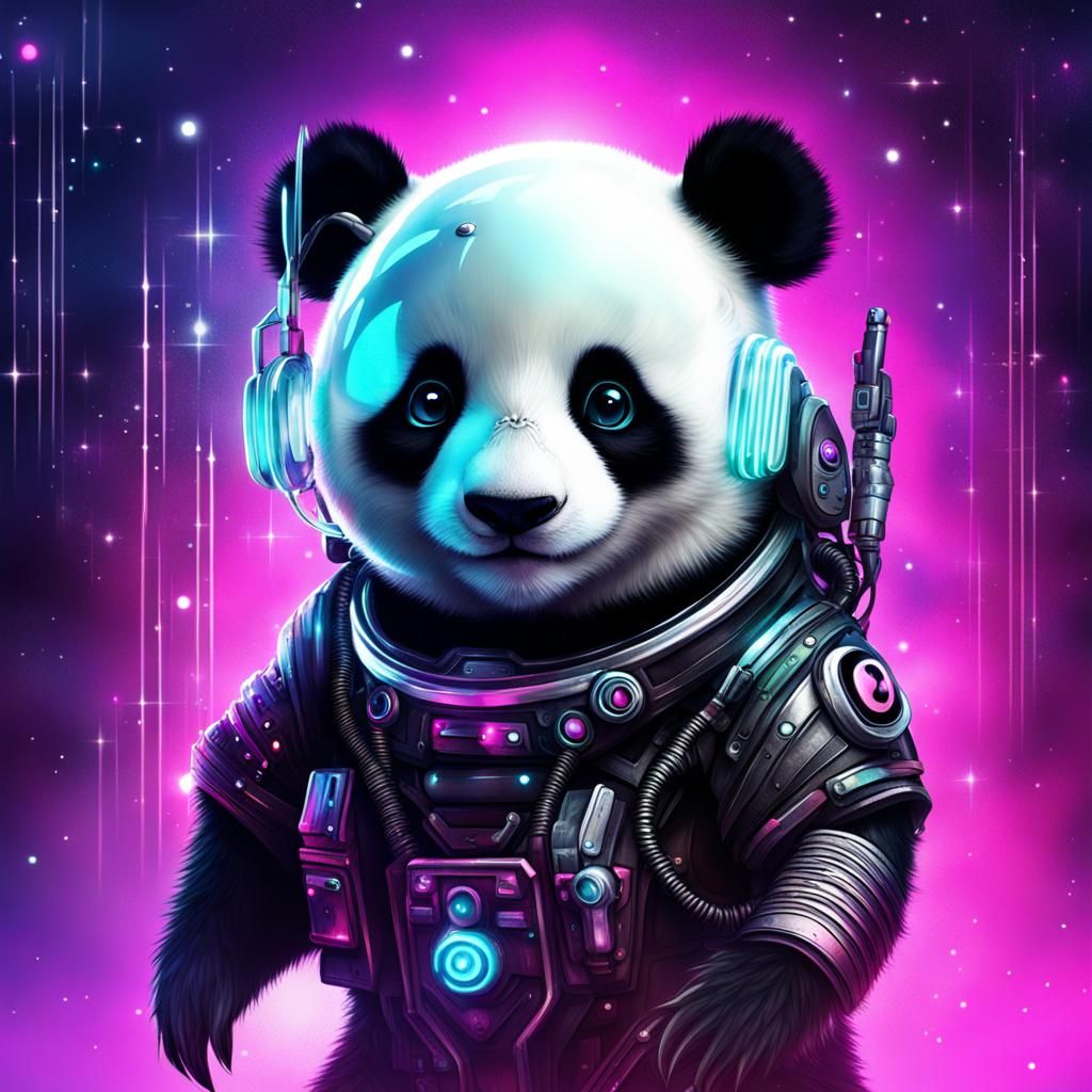 Cyberpunk Panda Bear in Space Fantasy Landscape