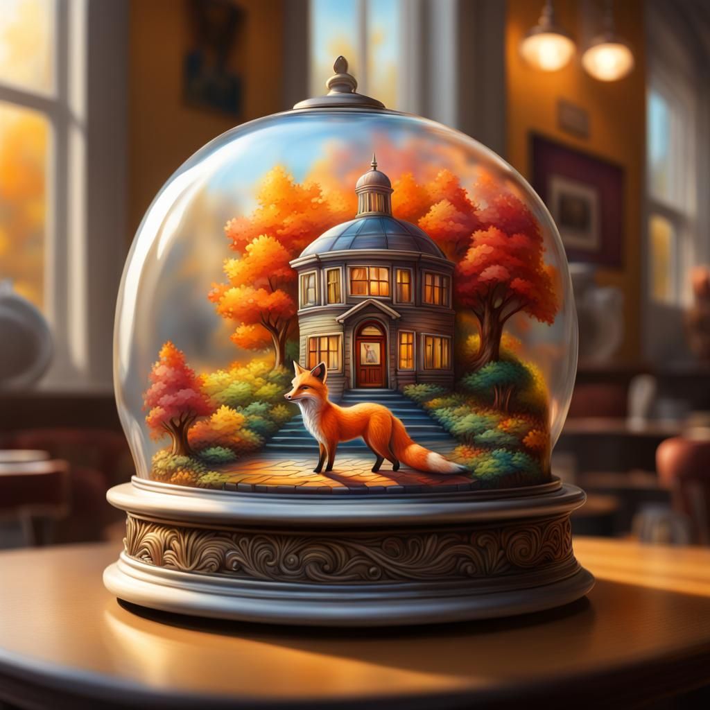 Autumn Landscape with Fox Under Glass Dome
