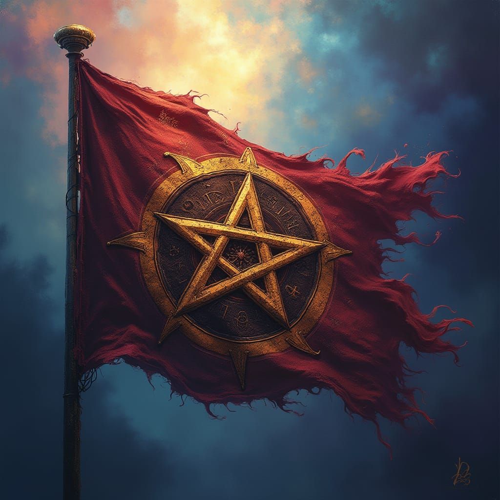 Surreal Pentagram Flag Unfurls in a Vibrant, Mystical Realm