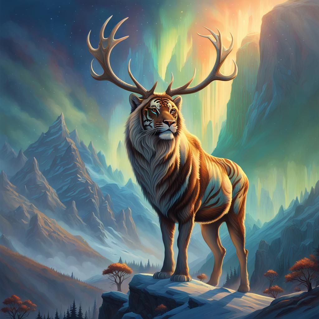 Majestic Elk-Lion-Tiger Hybrid Stands Proud in Misty Mountai...