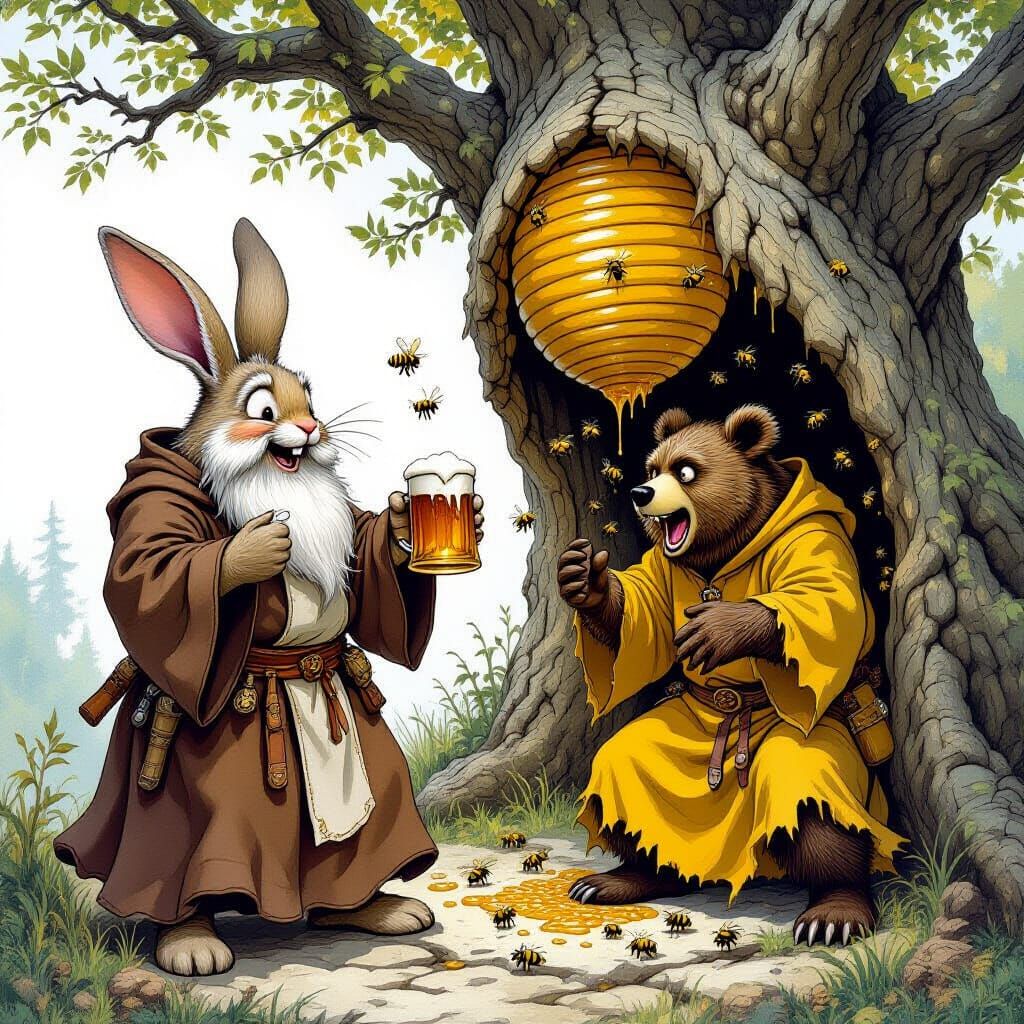 Humorous Anthropomorphic Monks Stealing Honey