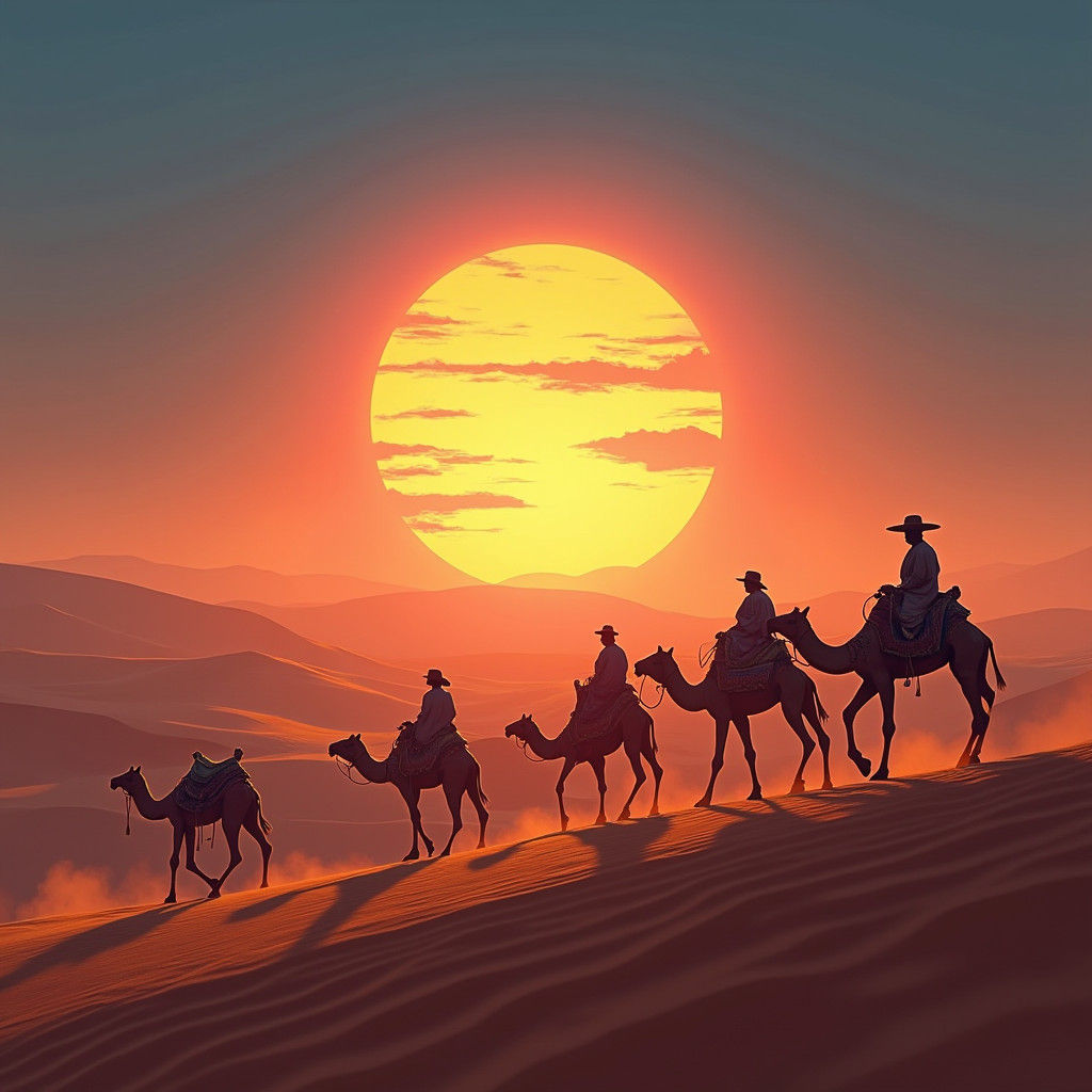 Moroccan Sunrise with Camels in Matte Painting Style