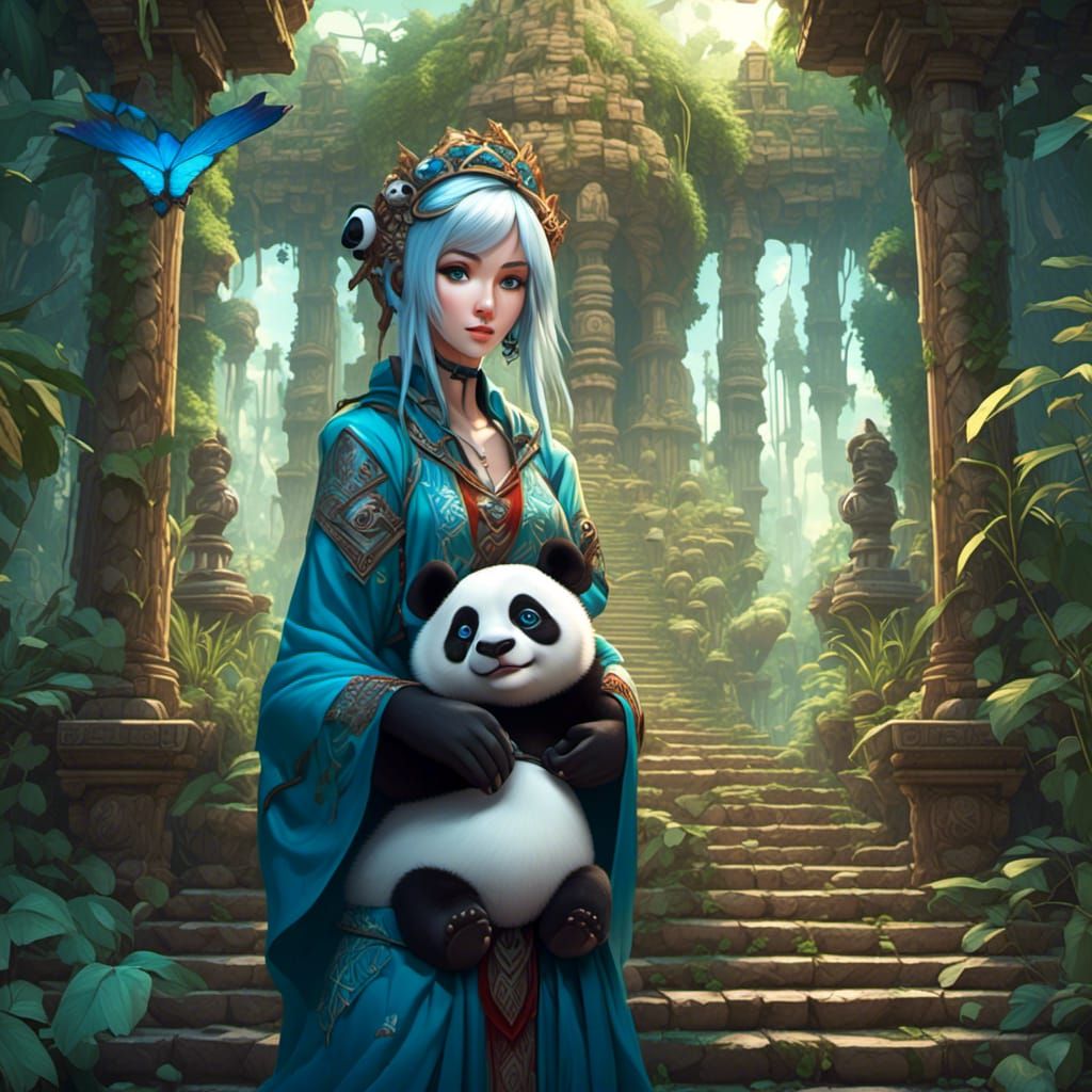Anime Portrait: Female Mage and Blue-Eyed Panda