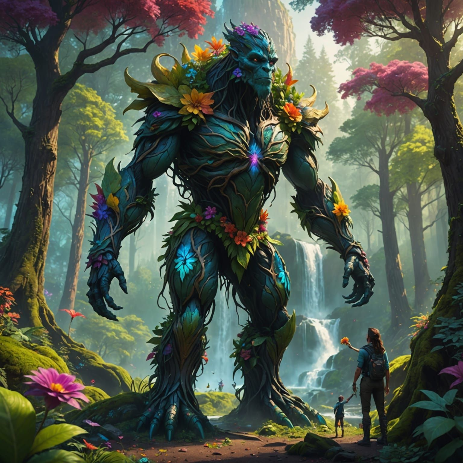 Giant Tree Creature Offering Flower in Lush Forest