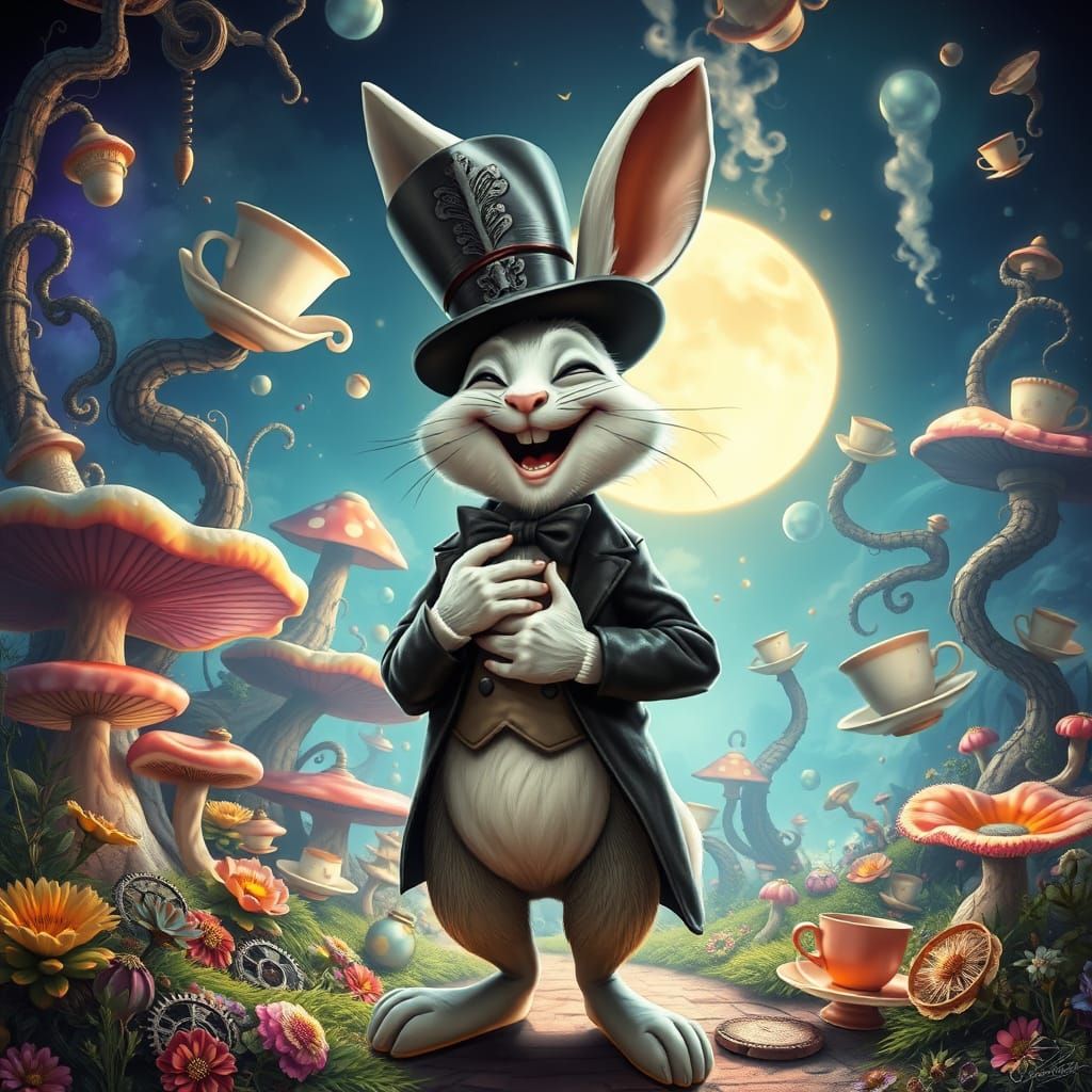 Steampunk White Rabbit Laughing in Wonderland Landscape