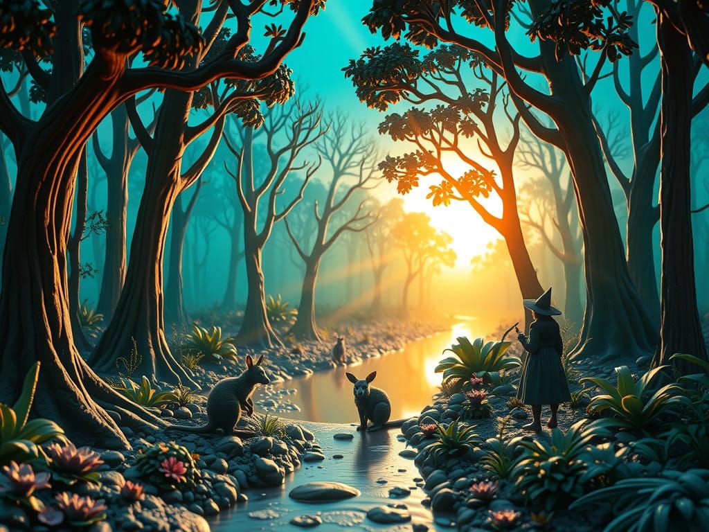Ethereal Dawn in a Dark Australian Fantasy Forest