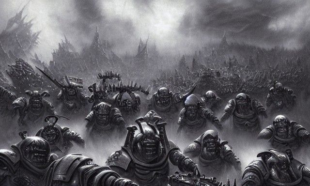 Space Marines Battle Horde in Ethereal Landscape