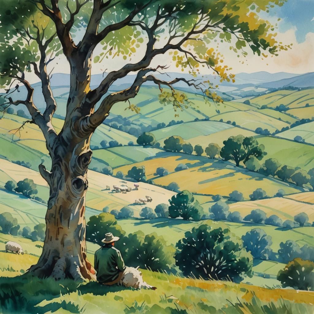 Impressionistic Shepherd Contemplates Rolling Hills