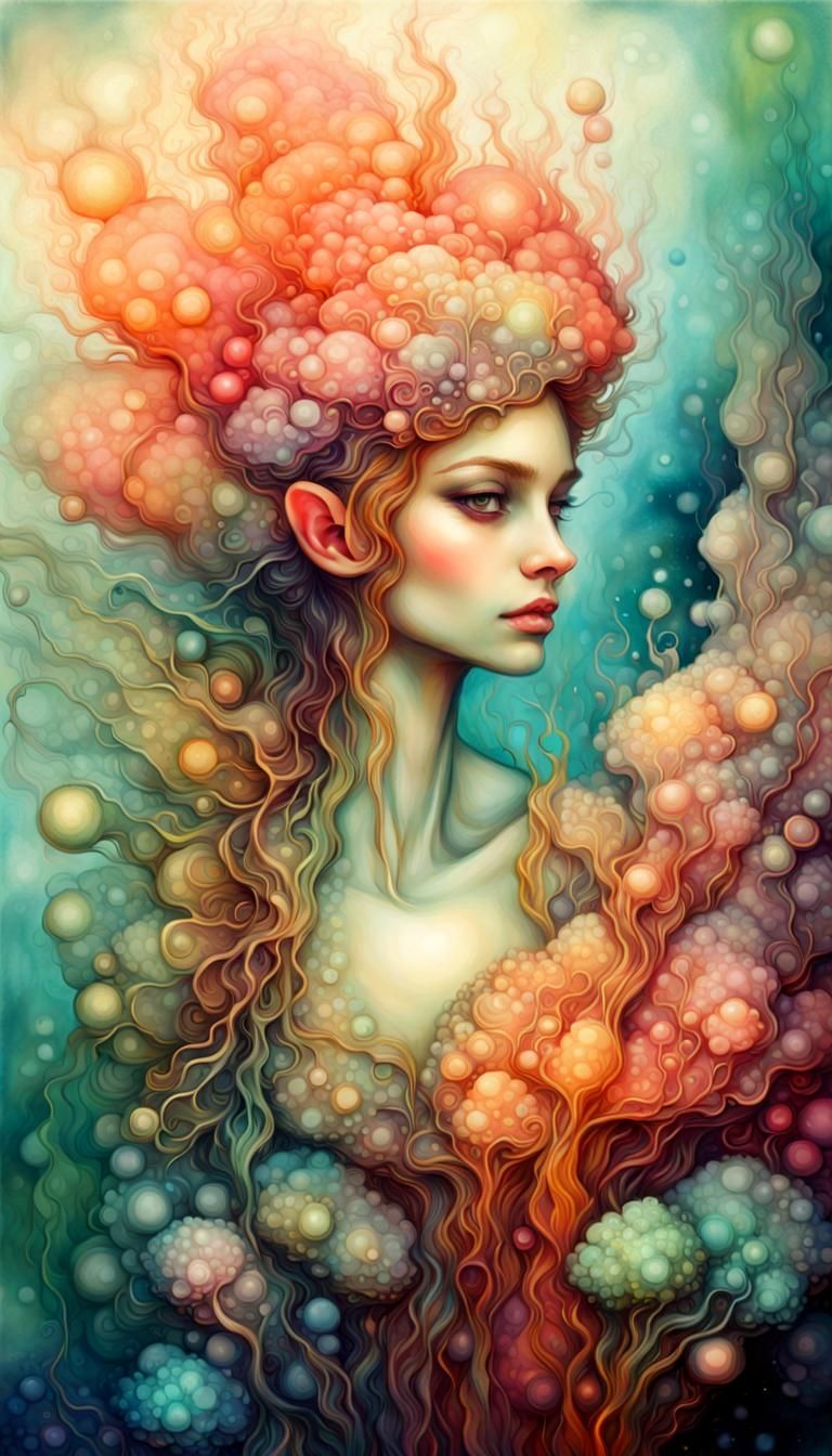 Fairy in Fungal Coral Landscape, Impasto Oil Painting