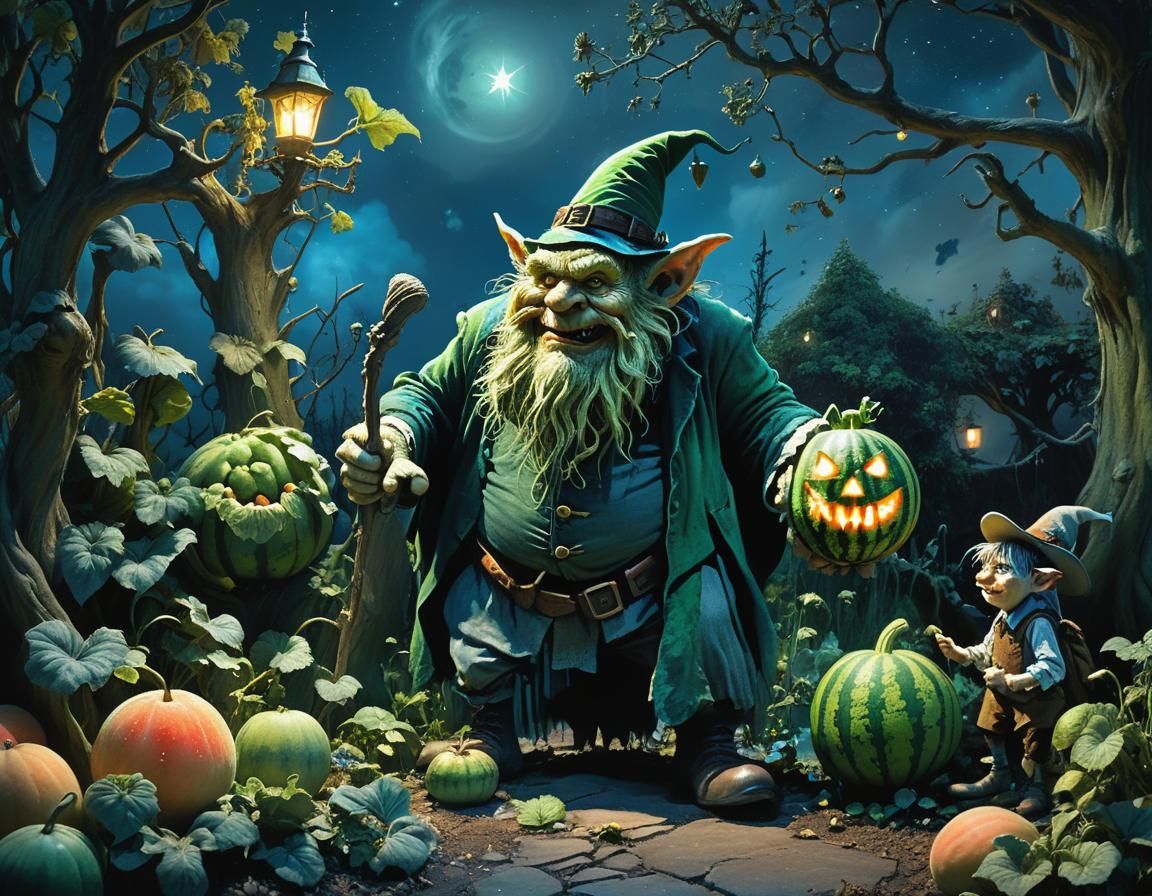 Leprechaun and Troll in Moonlit Melon Garden