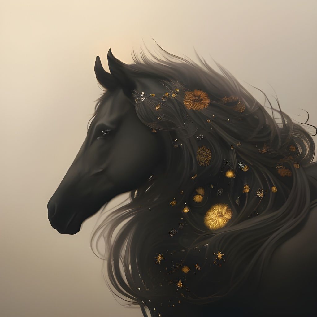 Majestic Black Horse Portrait with Floral Mane