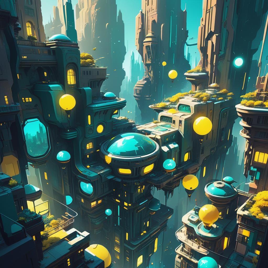 Ethereal Alien City in Teal and Yellow