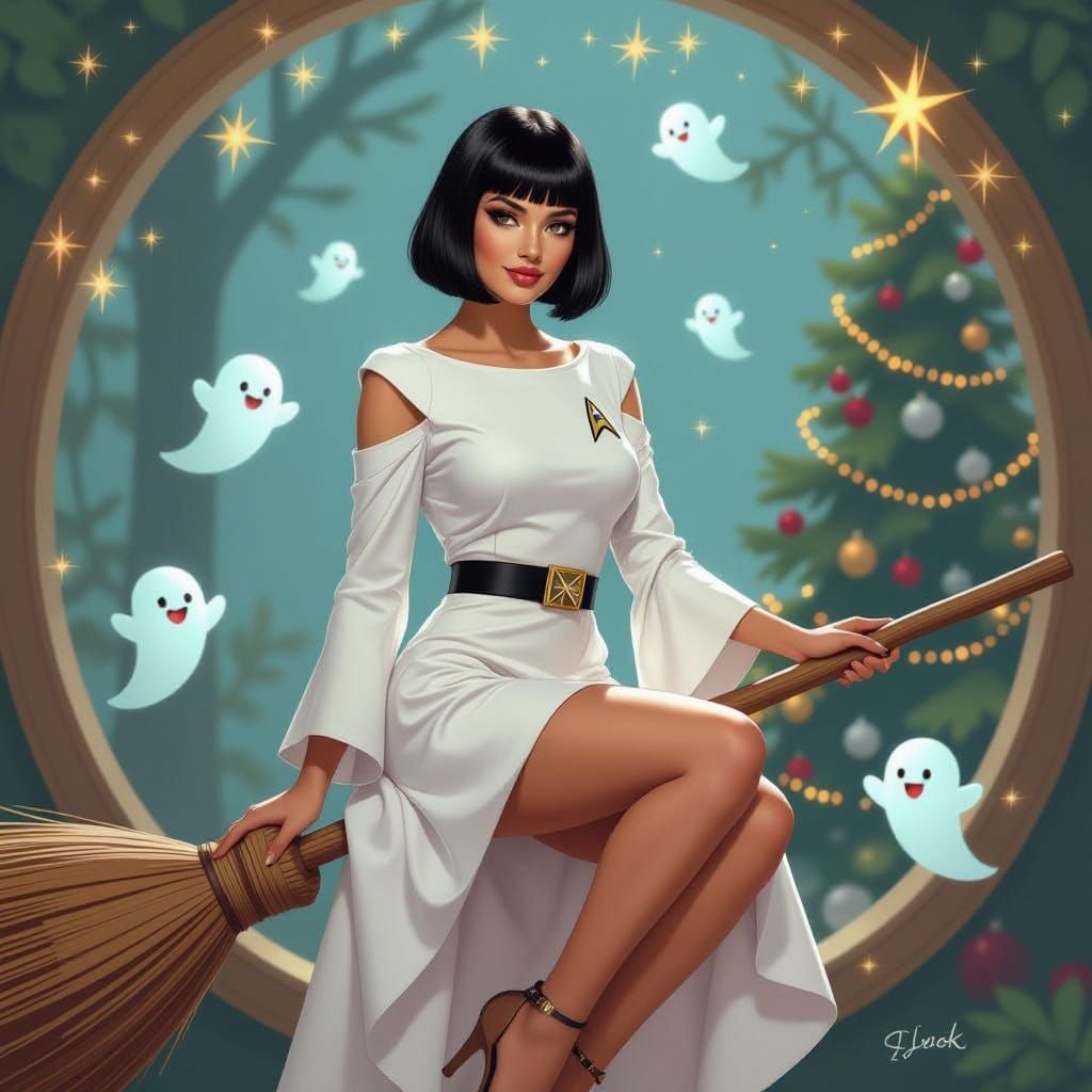 Mystical Woman on Broom in Starfleet Witch Uniform
