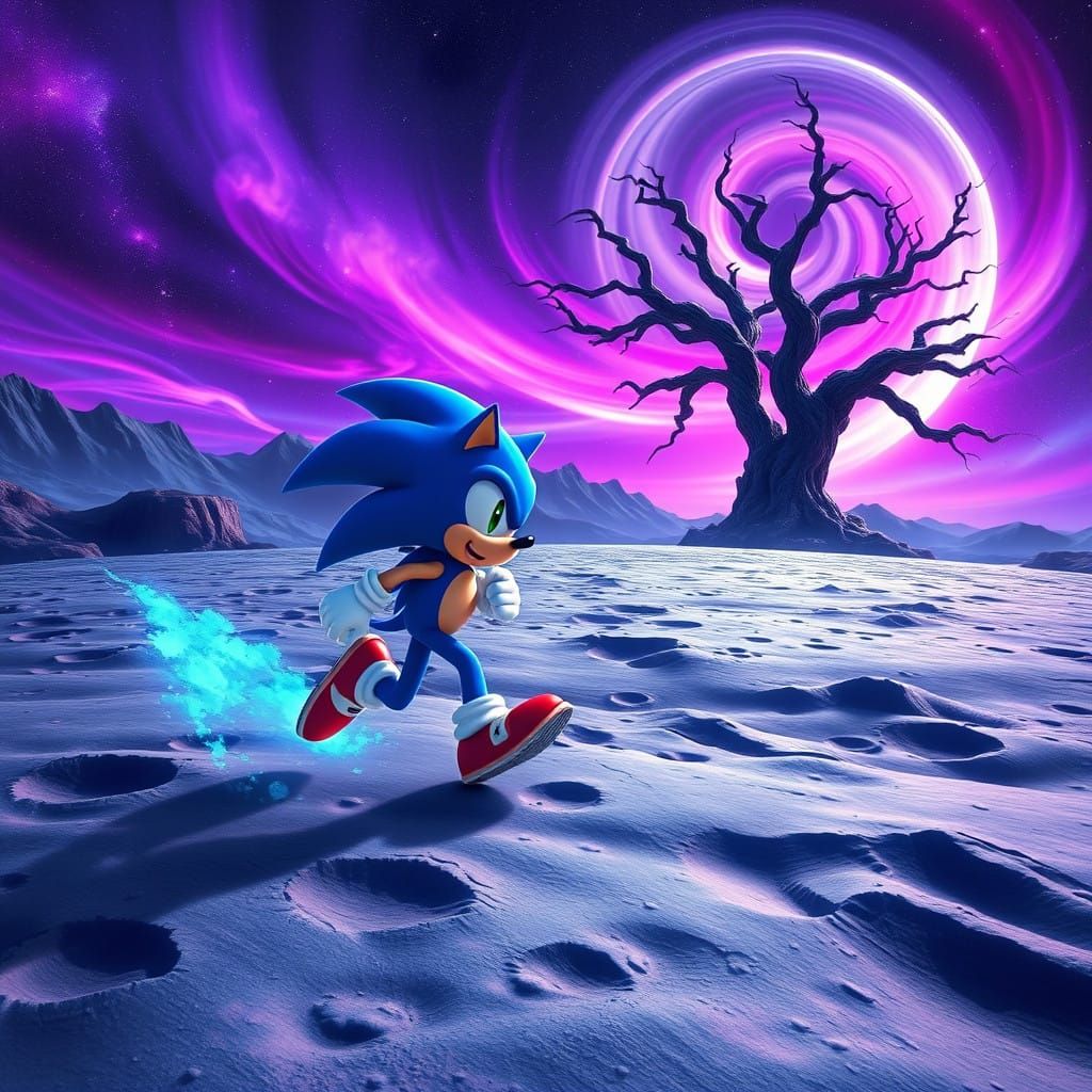 Sonic Blazes Across the Lunar Surface in a Vibrant, Swirling...