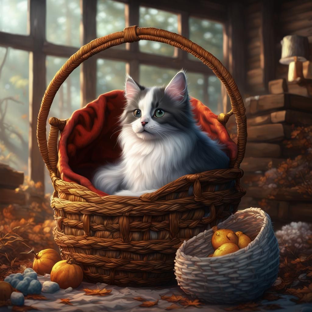 Puppy and Kitten Sleeping by Fireplace in Matte Painting