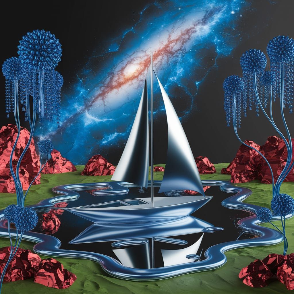 Surreal Liquid Steel Sailboat on Abstract Galaxy