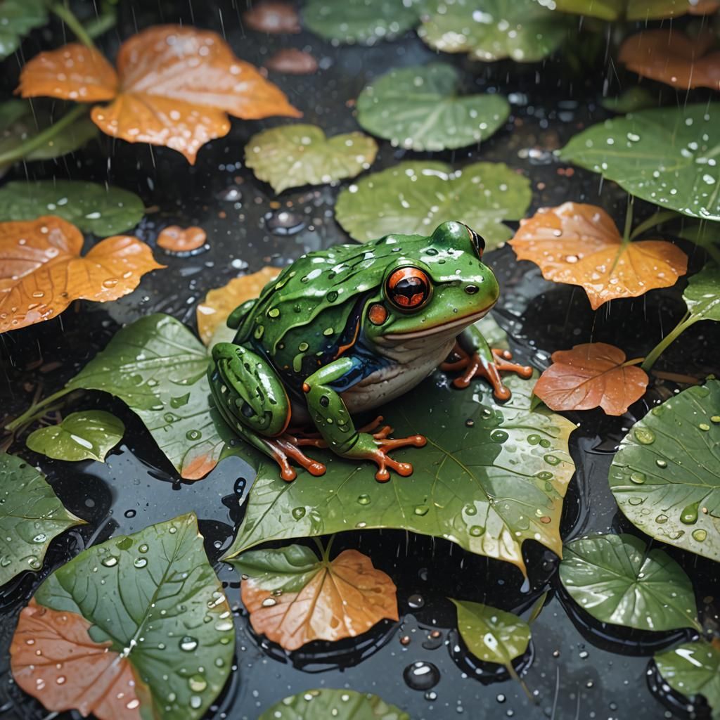 Cute Frog in Rainy Watercolor Style
