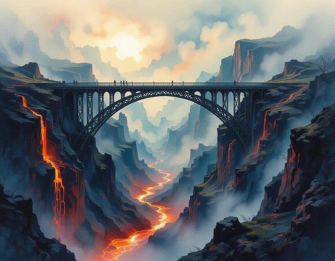 Surreal Metal Bridge Over Lava Abyss in Ink Painting
