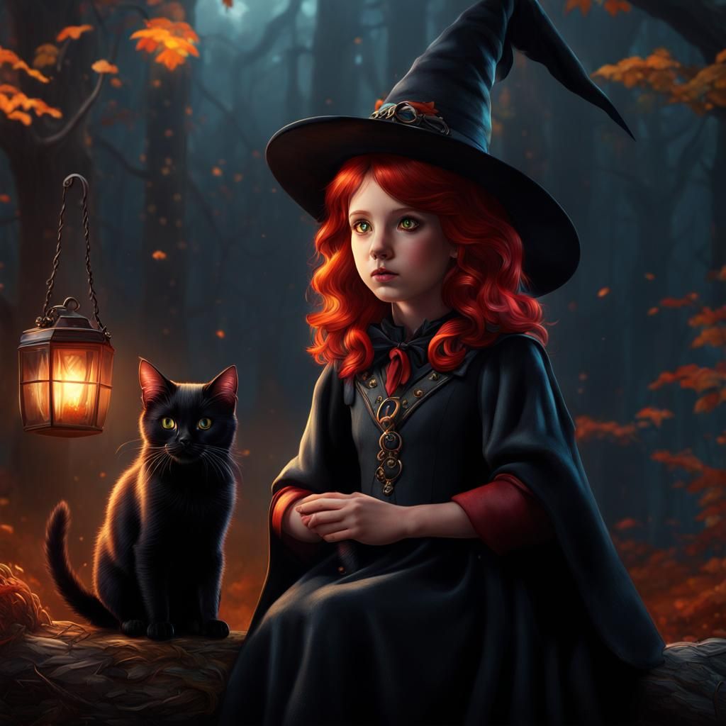 Red-Haired Child Witch with Black Cat Fantasy Art