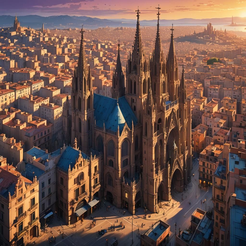 Magical Medieval Barcelona Cityscape at Sunset