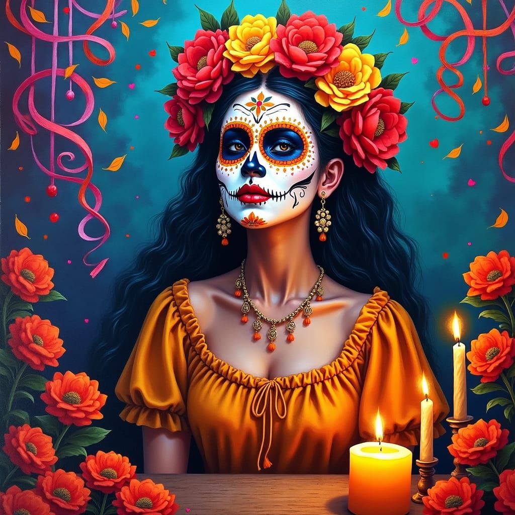 Vibrant Dia de los Muertos Gouache Painting