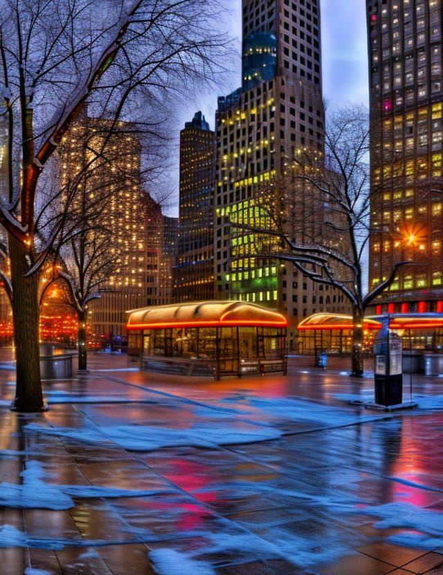 Portrait square in New York with cold cold weather, snow, christmas city lights, many details, ultra realistic photograp...