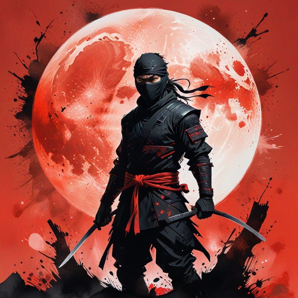 Ninja Silhouette Against Red Moon in Woodblock Print Style
