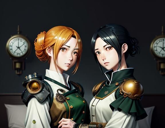 Kemono Twin Sisters Kissing in Steampunk Anime Style