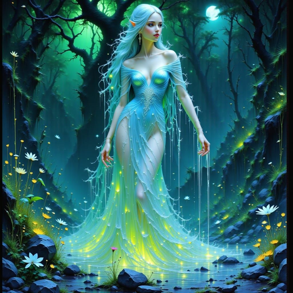 Art Nouveau Glass Statue in Enchanted Moonlit Garden