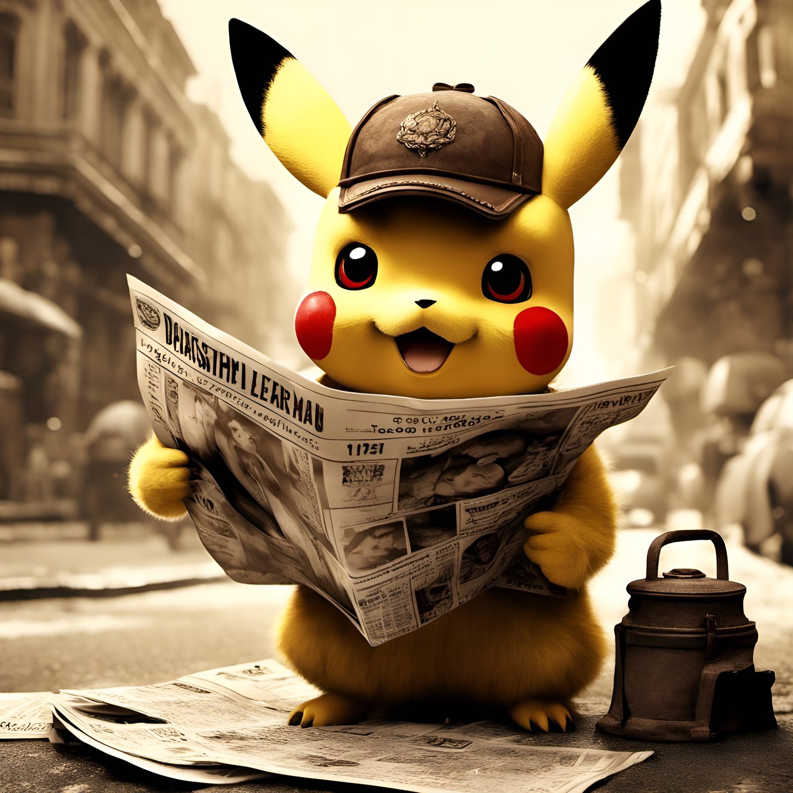 Chibi Pikachu as 1920s Beggar in Sepia Tone