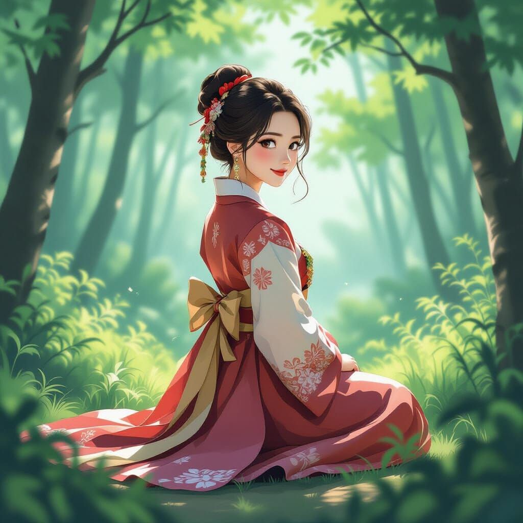 Korean Woman in Misty Forest, Whimsical Art Style