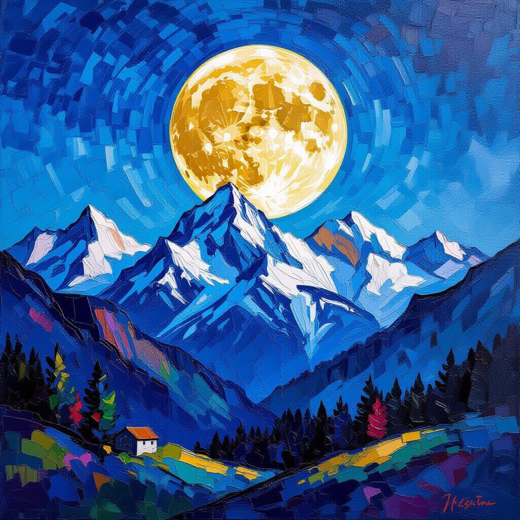 Full Moon Over Swiss Alps in Neo-Impressionist Style