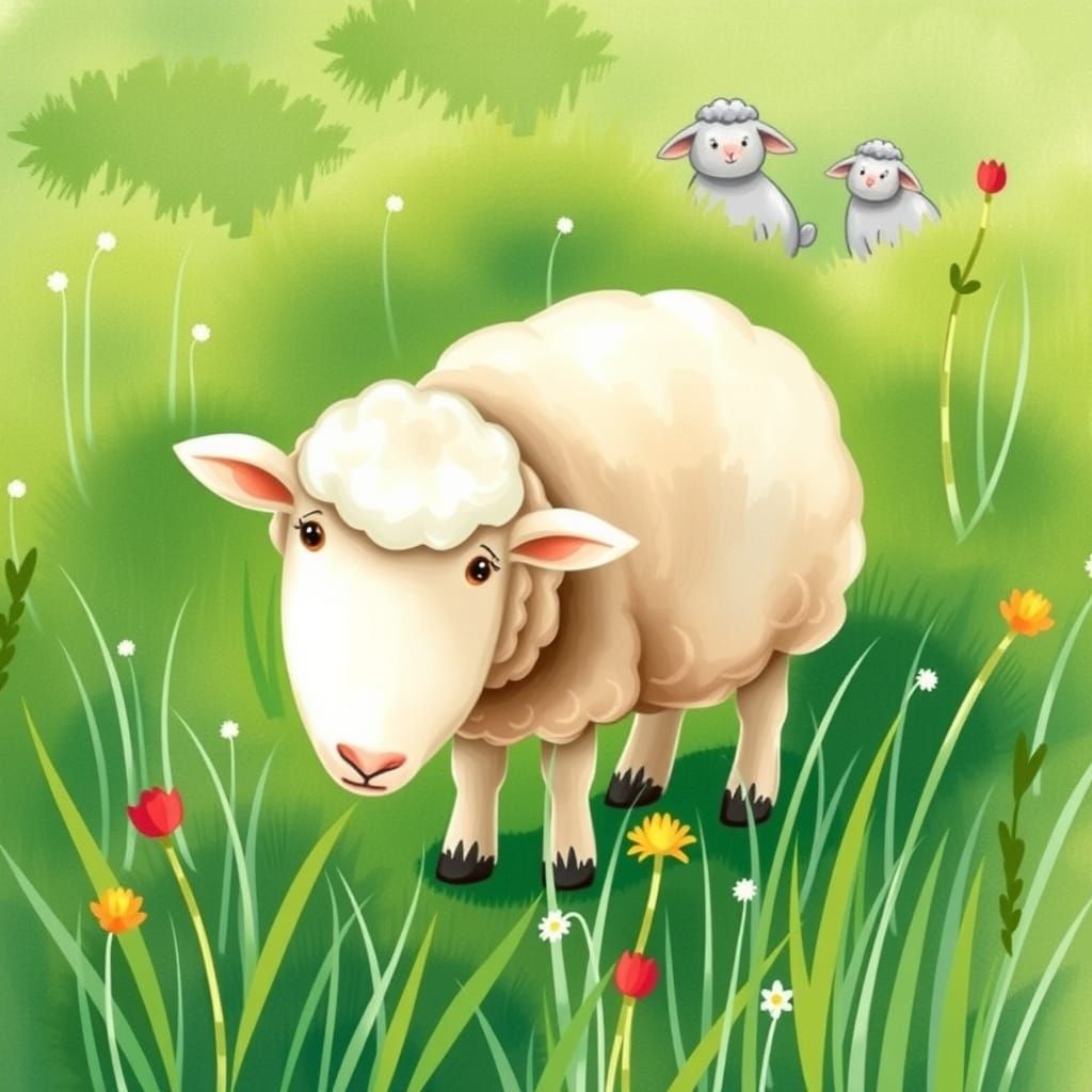 Sheep in Wool Coat in Watercolor Meadow