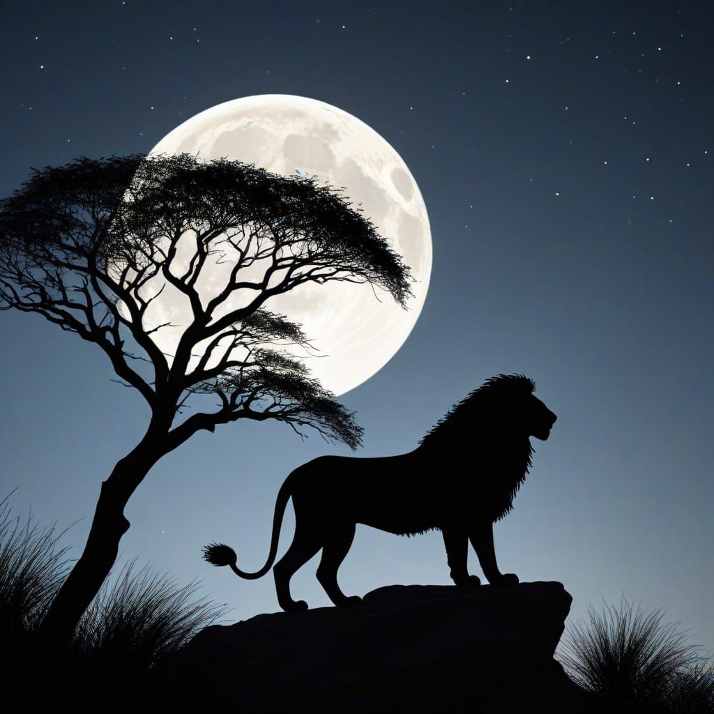 A powerful lion silhouette standing nobly on a rocky outcrop...