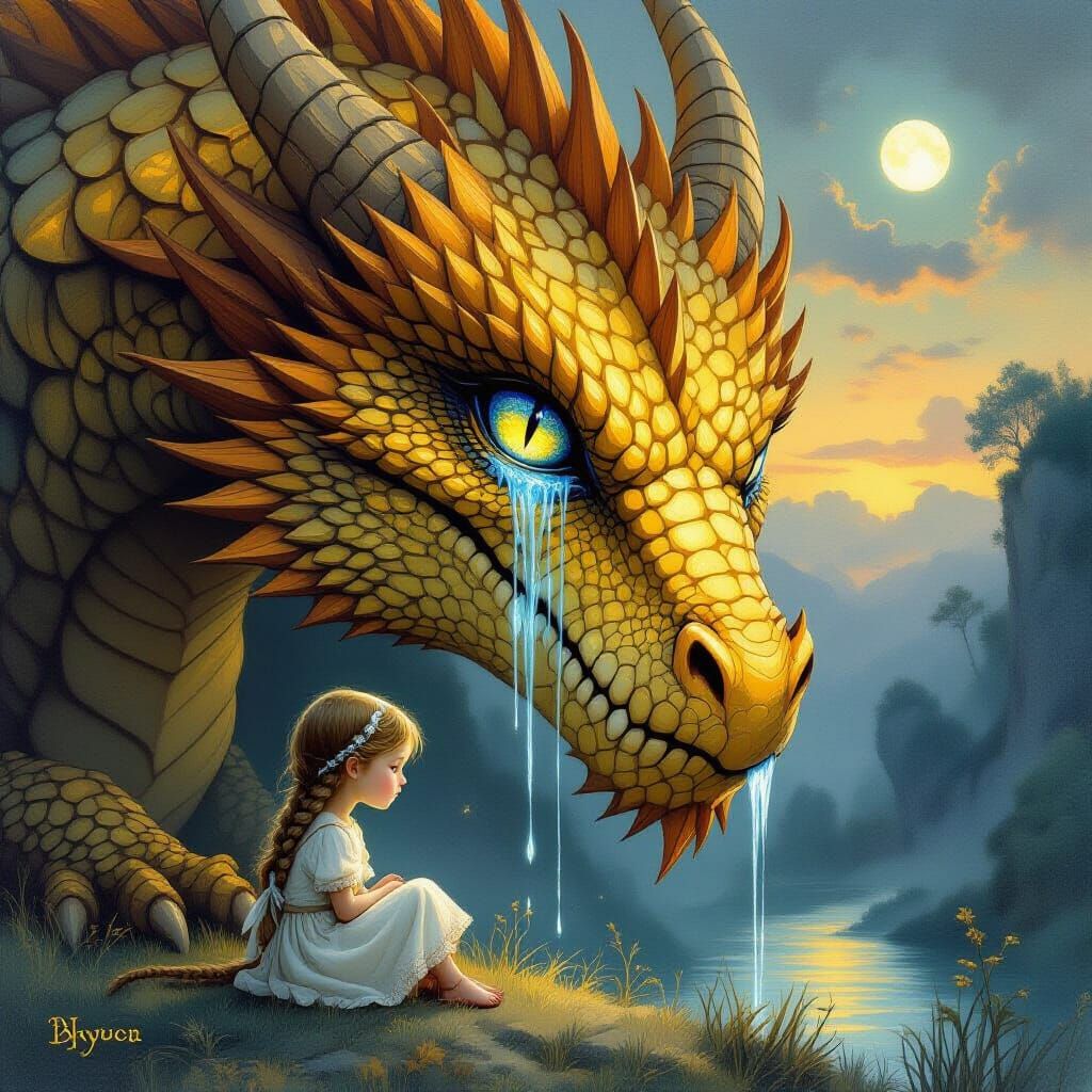 Girl Comforts Giant Dragon Sharing Ancient Sorrows