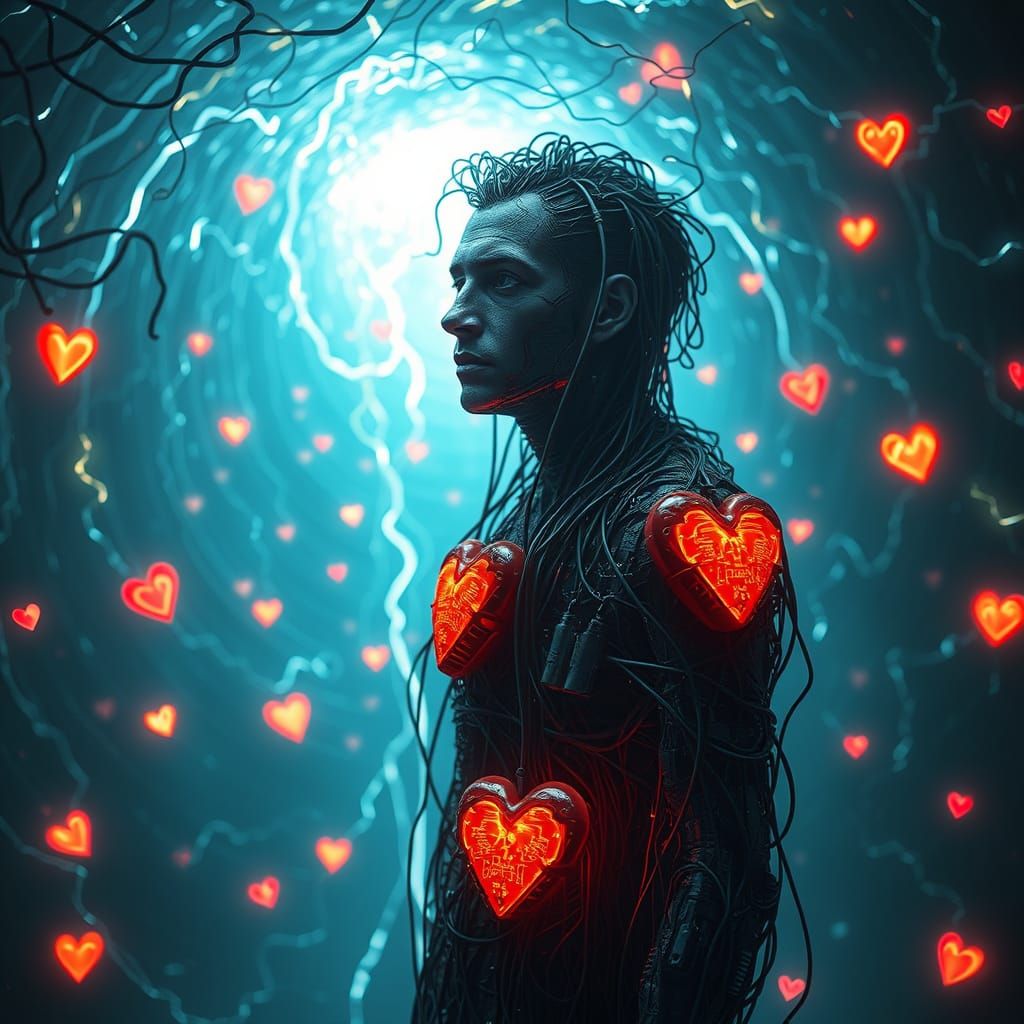 Cybernetic Figure Lost in a Vortex of Code and Light