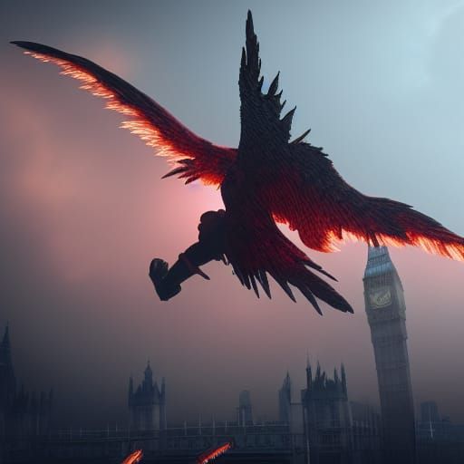 Icarus in the foggy London streets, on fire, high definition