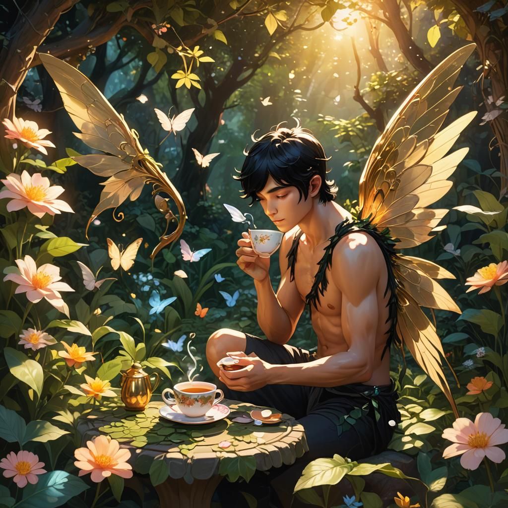 Anime Fairy Man Drinking Tea in Secret Garden