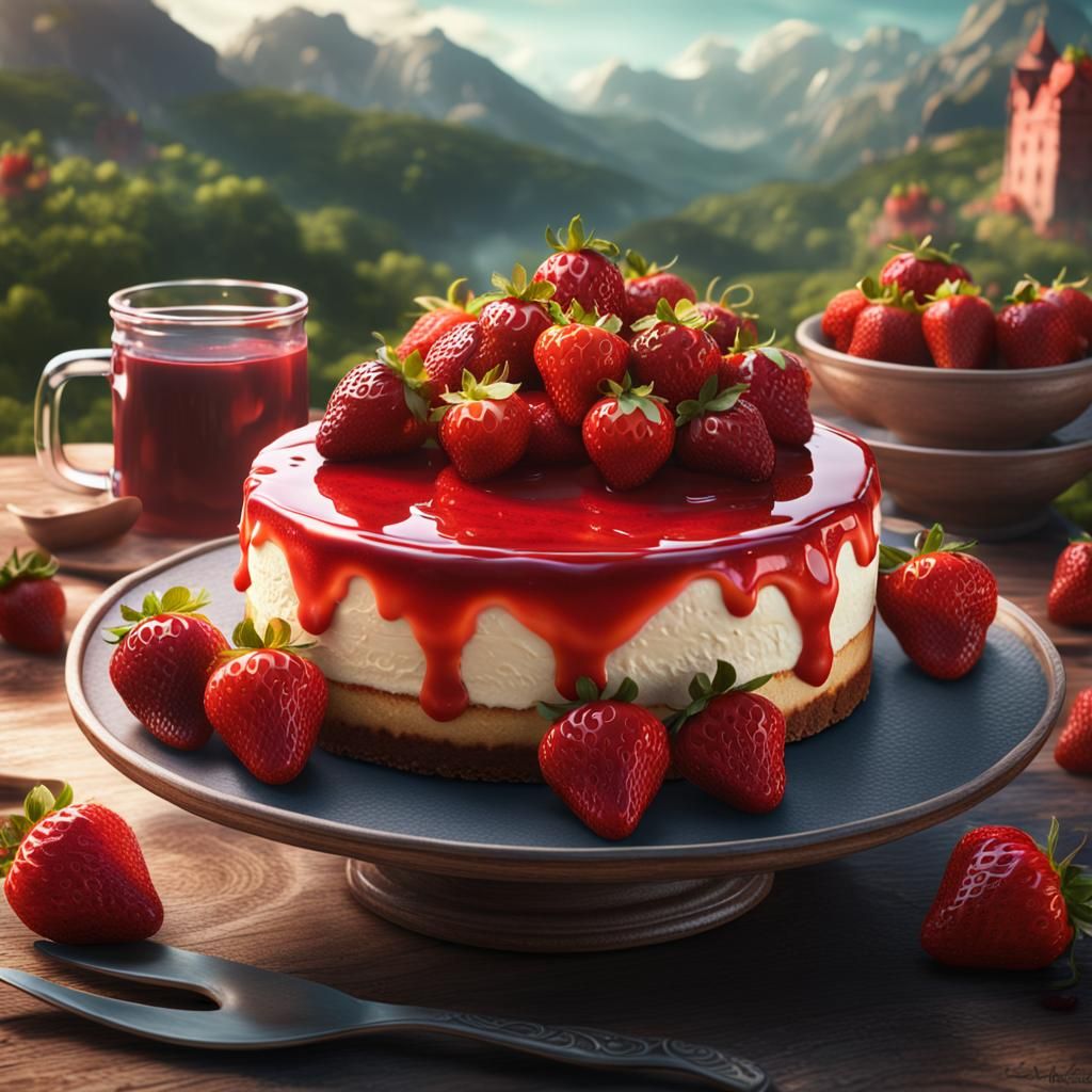 Cheesecake Topped with Strawberries: Digital Matte Painting