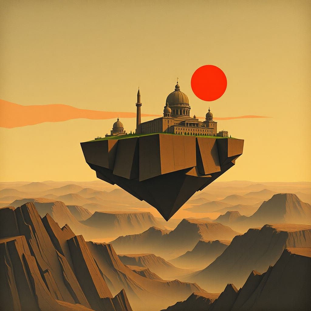 Constructivist Floating Island in Crimson Sunset
