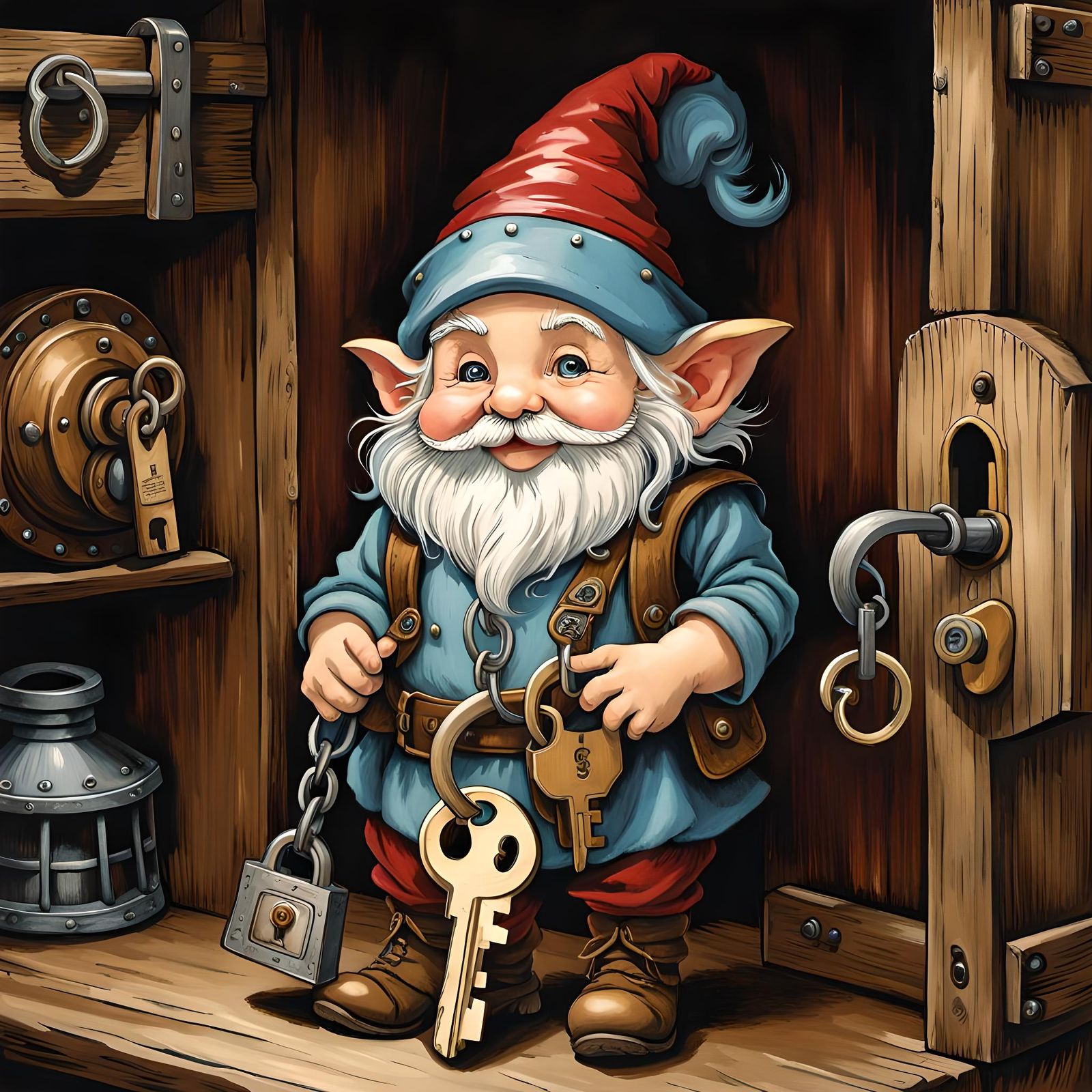 Gnome with Giant Keys in Storybook Closet